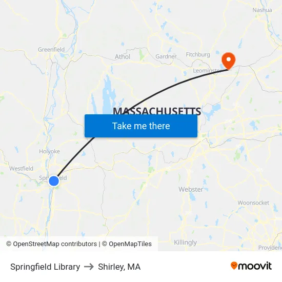 Springfield Library to Shirley, MA map