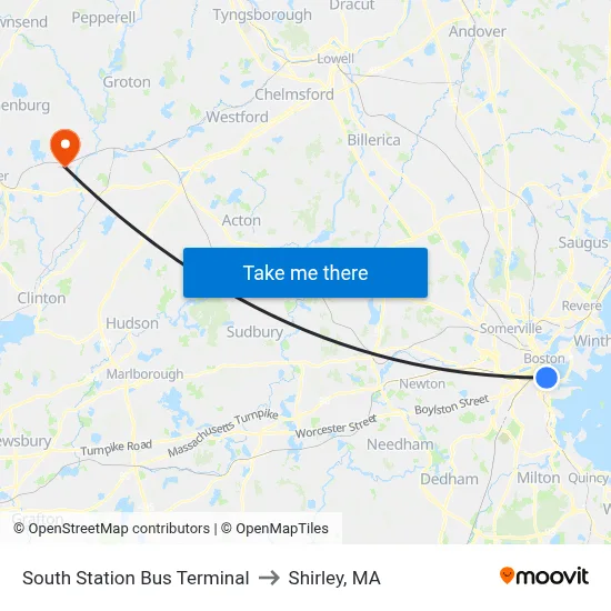 South Station Bus Terminal to Shirley, MA map