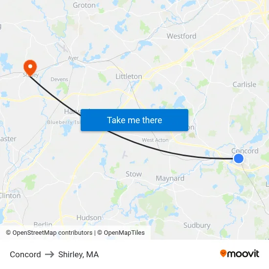 Concord to Shirley, MA map