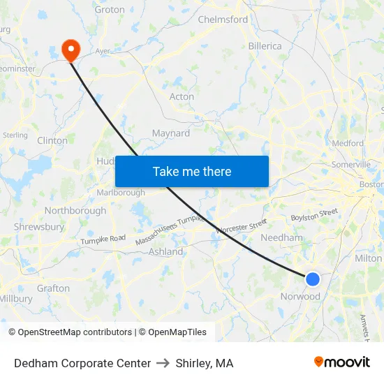 Dedham Corporate Center to Shirley, MA map