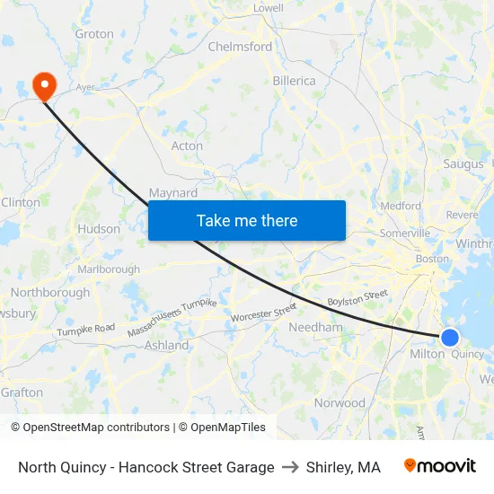 North Quincy - Hancock Street Garage to Shirley, MA map