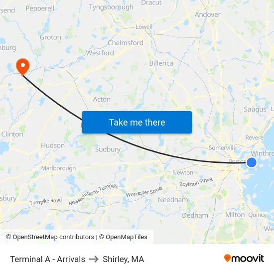 Terminal A - Arrivals to Shirley, MA map