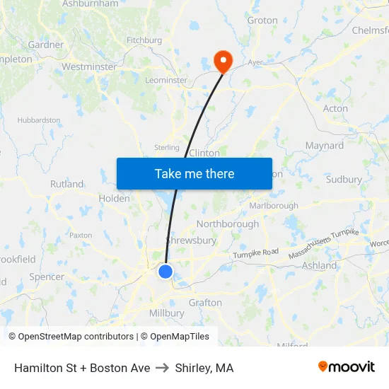Hamilton St + Boston Ave to Shirley, MA map