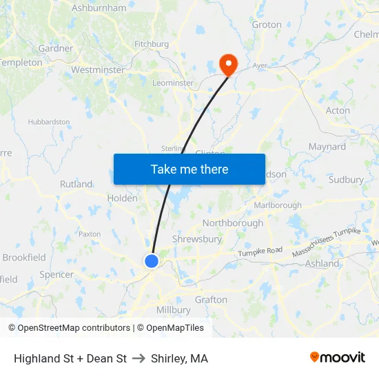 Highland St + Dean St to Shirley, MA map