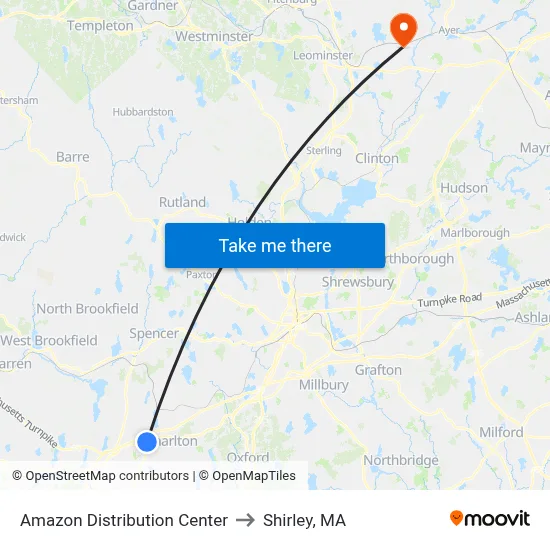 Amazon Distribution Center to Shirley, MA map