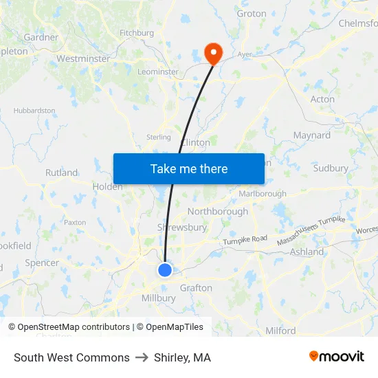 South West Commons to Shirley, MA map