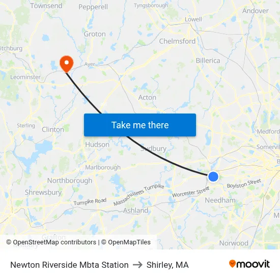Newton Riverside Mbta Station to Shirley, MA map