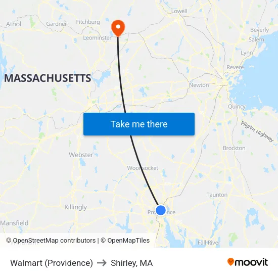 Walmart (Providence) to Shirley, MA map