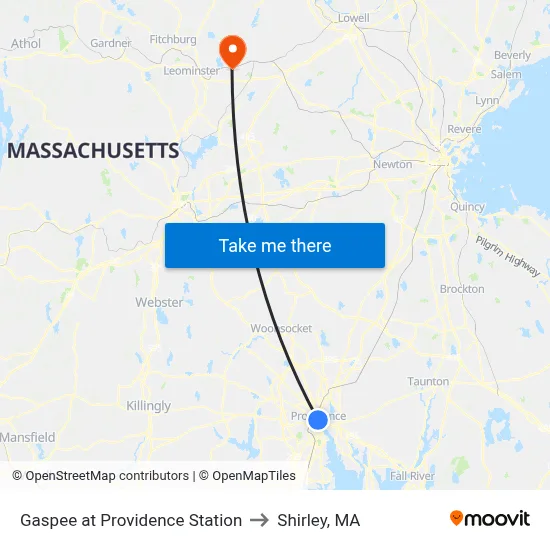 Gaspee at Providence Station to Shirley, MA map