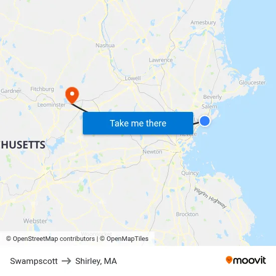 Swampscott to Shirley, MA map