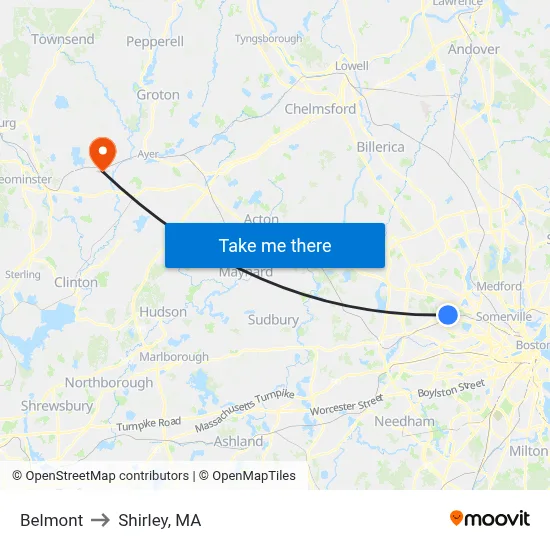 Belmont to Shirley, MA map