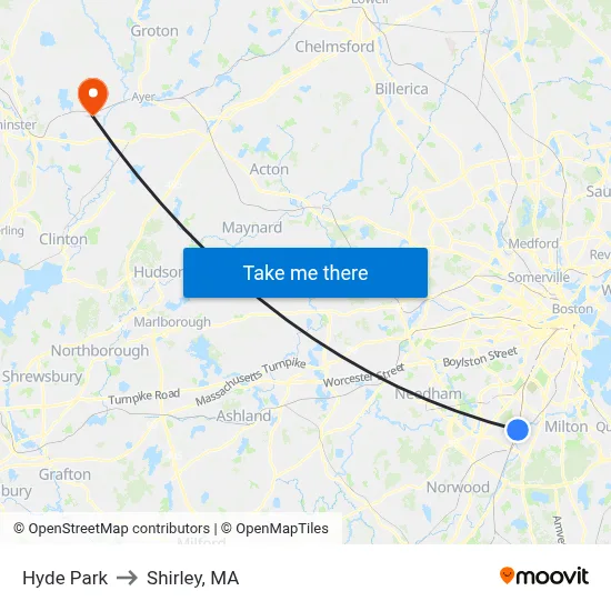 Hyde Park to Shirley, MA map