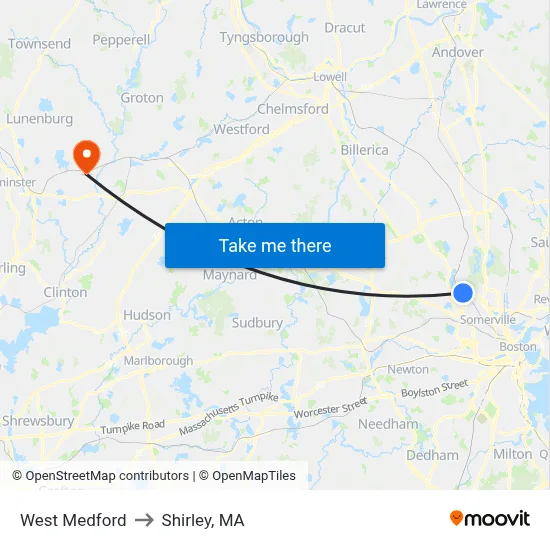 West Medford to Shirley, MA map