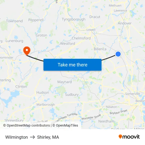 Wilmington to Shirley, MA map