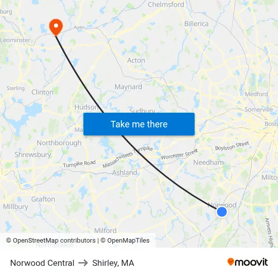 Norwood Central to Shirley, MA map