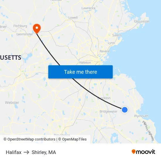 Halifax to Shirley, MA map