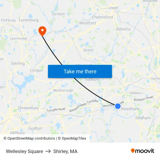 Wellesley Square to Shirley, MA map