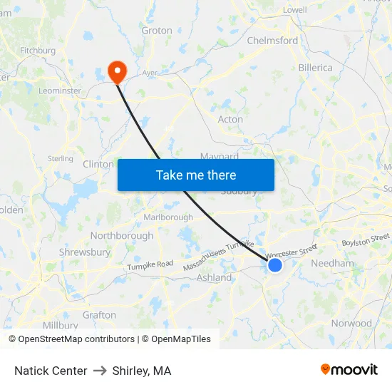 Natick Center to Shirley, MA map