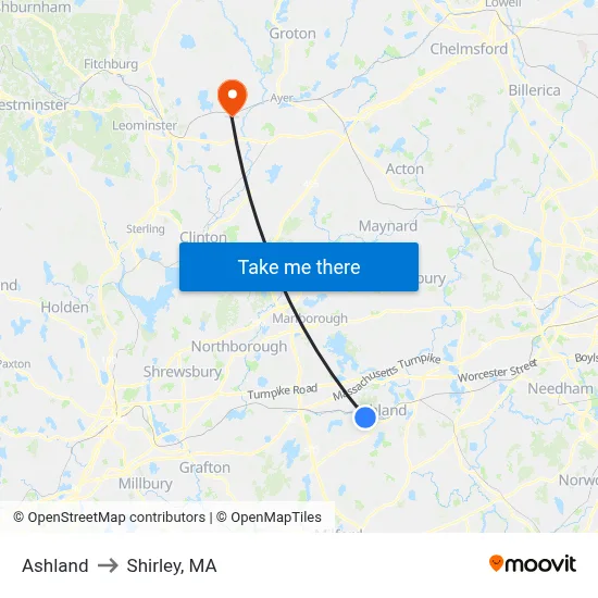 Ashland to Shirley, MA map
