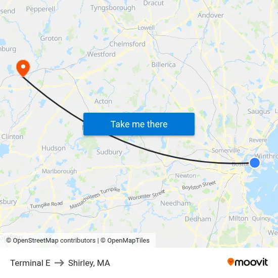 Terminal E to Shirley, MA map