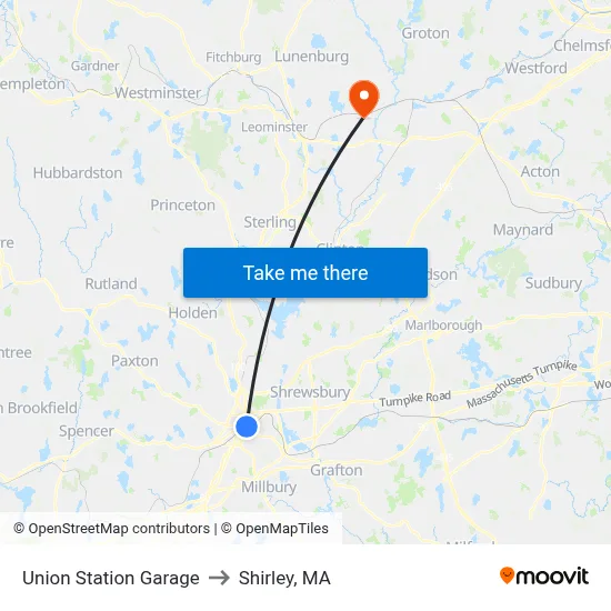 Union Station Garage to Shirley, MA map