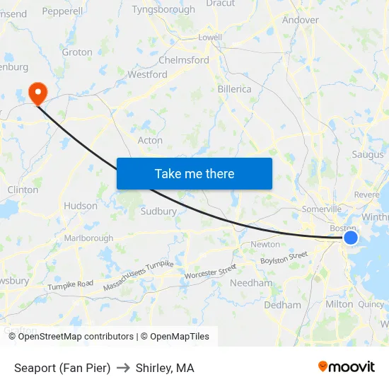 Seaport (Fan Pier) to Shirley, MA map