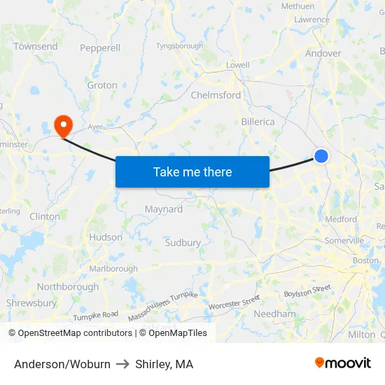 Anderson/Woburn to Shirley, MA map