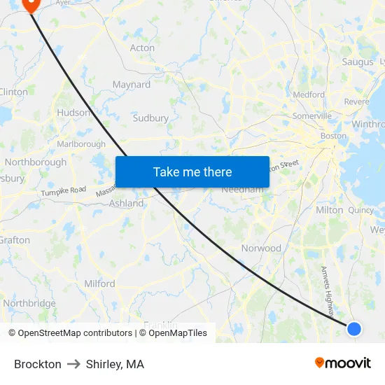 Brockton to Shirley, MA map