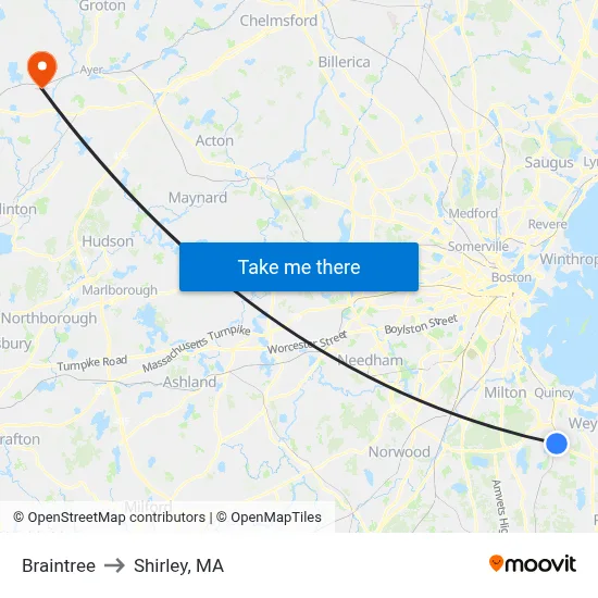 Braintree to Shirley, MA map