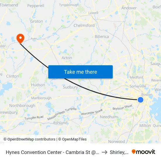 Hynes Convention Center - Cambria St @ Boylston St to Shirley, MA map