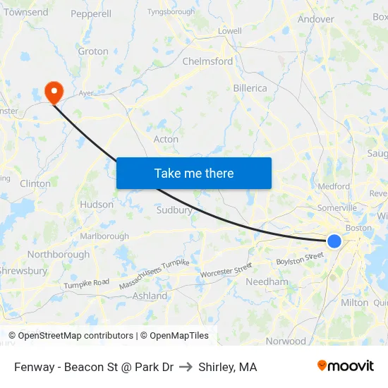 Fenway - Beacon St @ Park Dr to Shirley, MA map