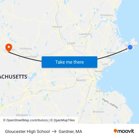 Gloucester High School to Gardner, MA map