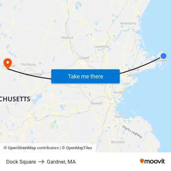 Dock Square to Gardner, MA map