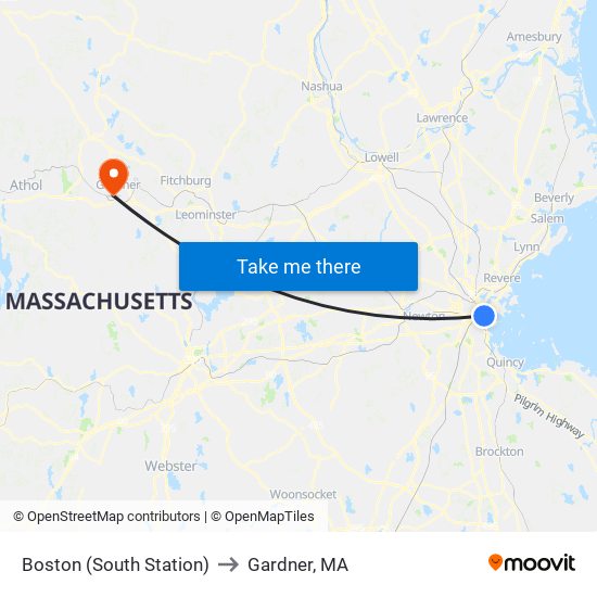 Boston (South Station) to Gardner, MA map