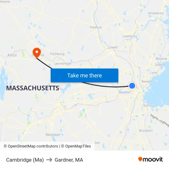Cambridge (Ma) to Gardner, MA map