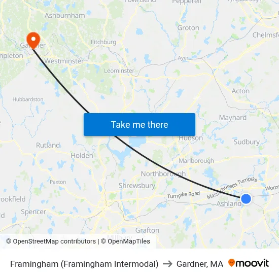Framingham (Framingham Intermodal) to Gardner, MA map