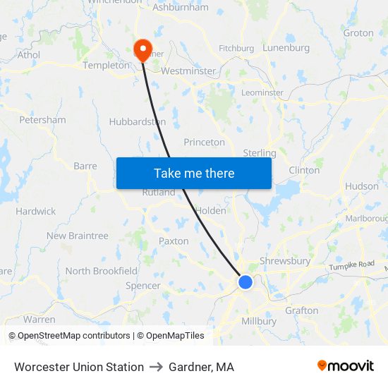 Worcester Union Station to Gardner, MA map