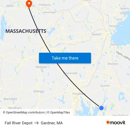 Fall River Depot to Gardner, MA map