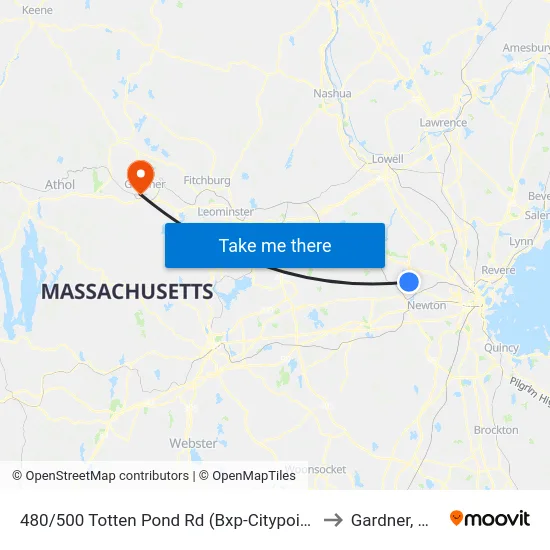 480/500 Totten Pond Rd  (Bxp-Citypoint) to Gardner, MA map