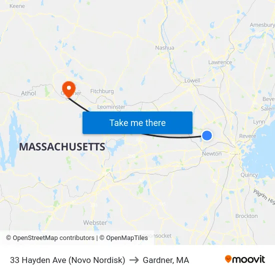 33 Hayden Ave (Novo Nordisk) to Gardner, MA map