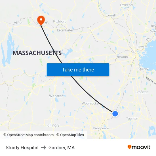 Sturdy Hospital to Gardner, MA map