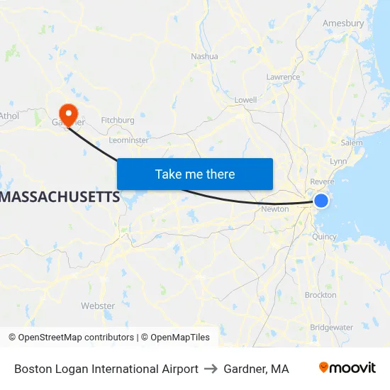 Boston Logan International Airport to Gardner, MA map