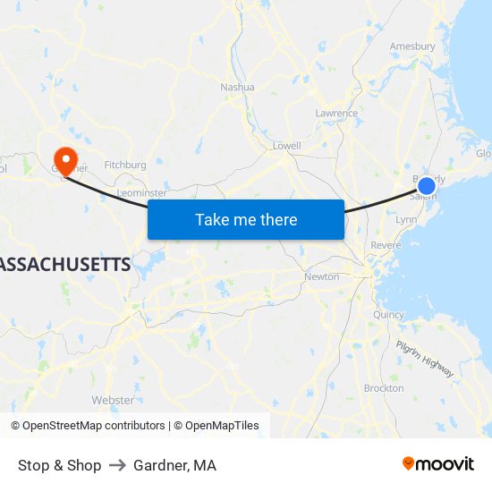 Stop & Shop to Gardner, MA map