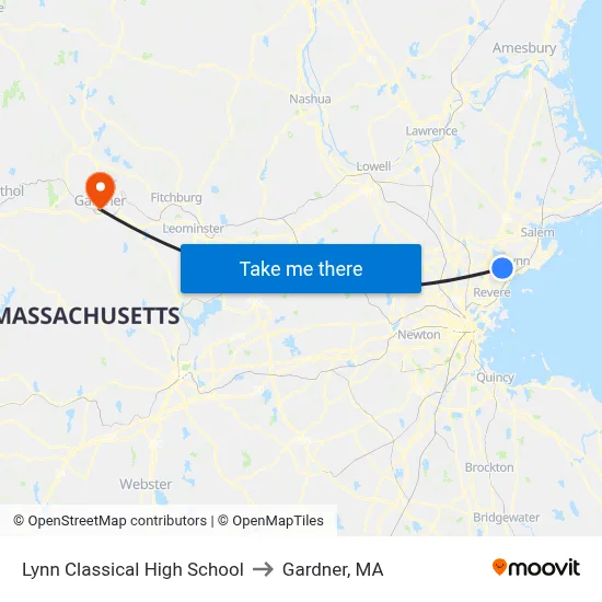 Lynn Classical High School to Gardner, MA map