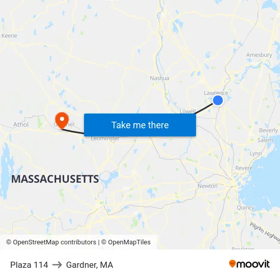 Plaza 114 to Gardner, MA map