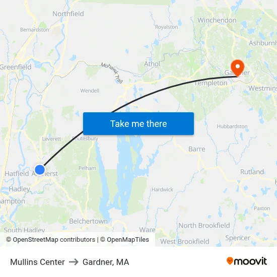 Mullins Center to Gardner, MA map