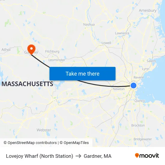 Lovejoy Wharf (North Station) to Gardner, MA map