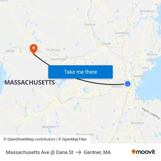 Massachusetts Ave @ Dana St to Gardner, MA map