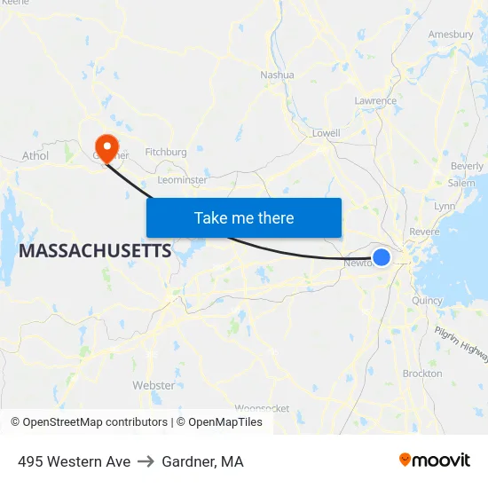 495 Western Ave to Gardner, MA map