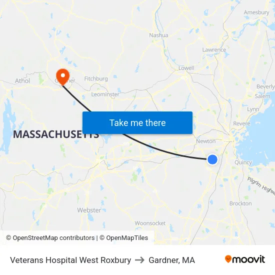 Veterans Hospital West Roxbury to Gardner, MA map